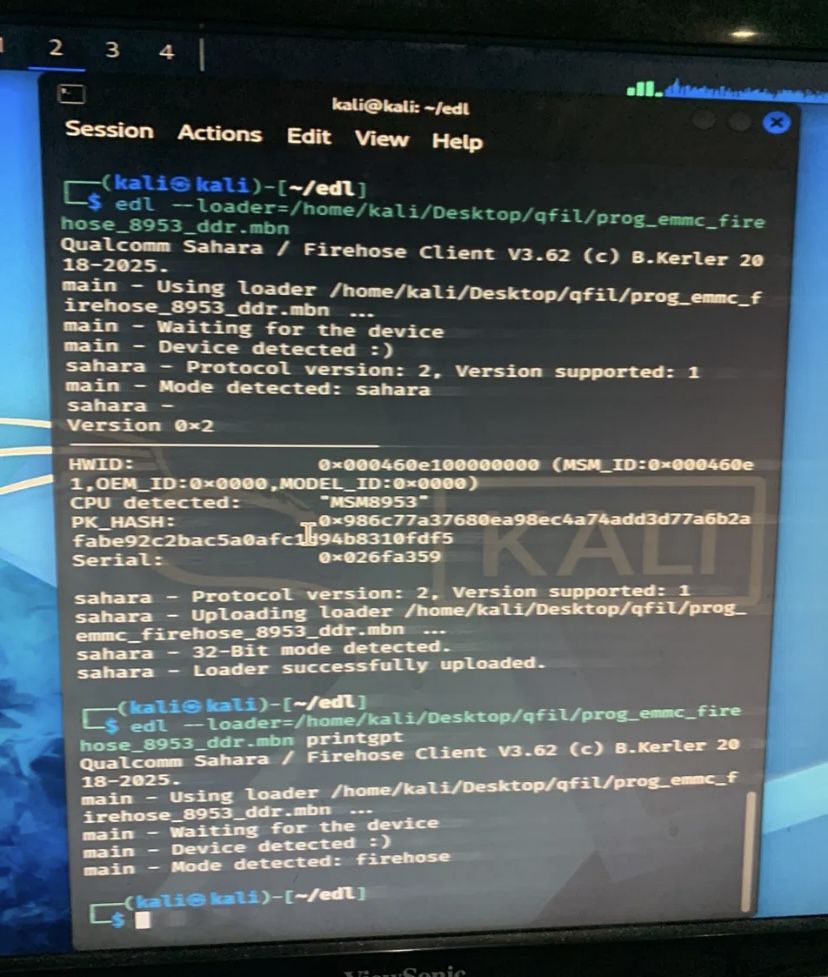 edl on Kali Linux successfully uploading the firehose loader to an MSM8953 device