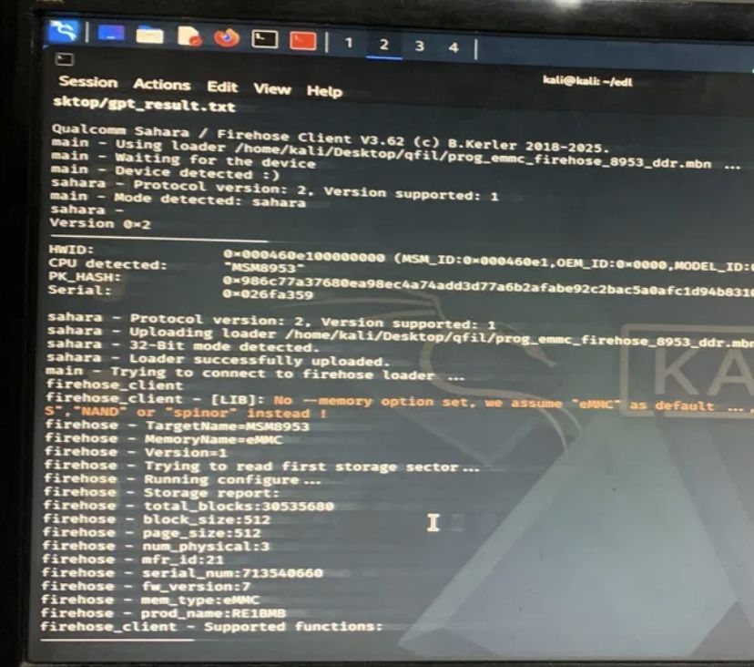 Firehose storage report showing eMMC details for the MSM8953 tablet