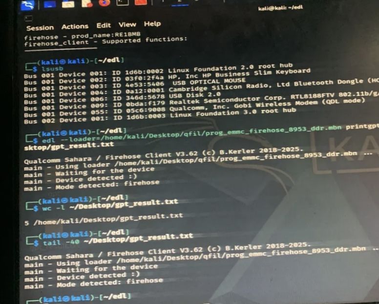lsusb output showing Qualcomm 05c6:9008 in QDL mode