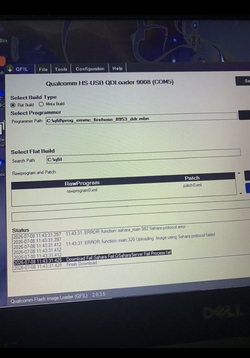 The same Sahara failure in QFIL on a different COM port and a different PC
