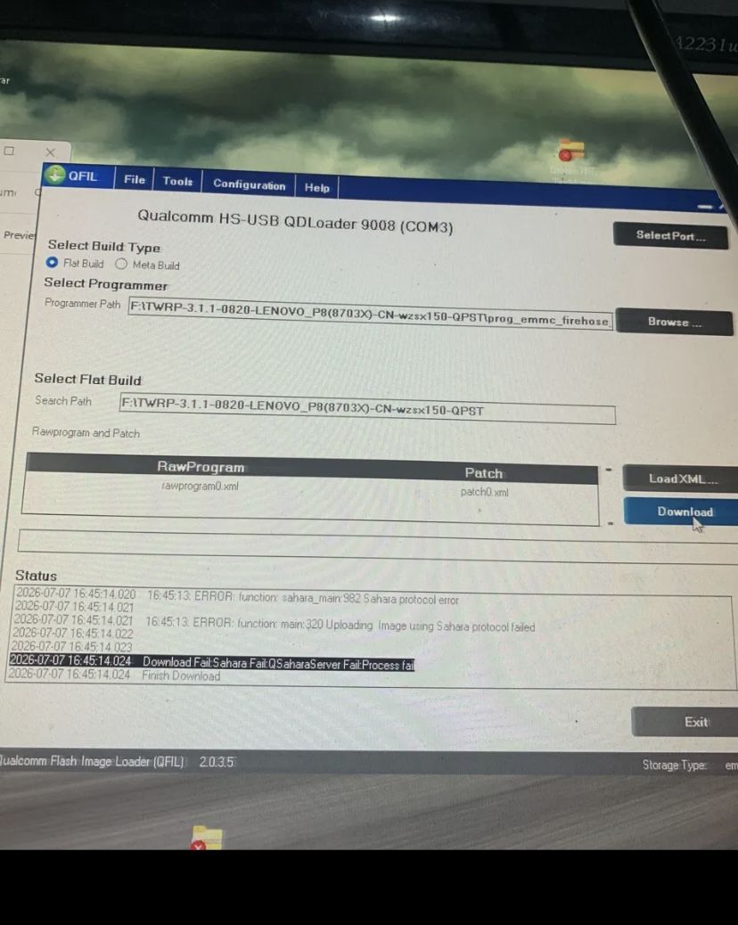 QFIL showing Sahara protocol error and Download Fail on COM3 for a Lenovo TB-8703N