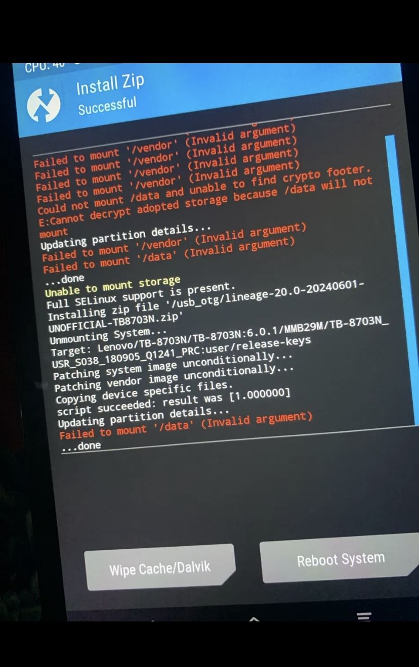 TWRP showing a successful LineageOS 20 zip install on the Lenovo TB-8703N