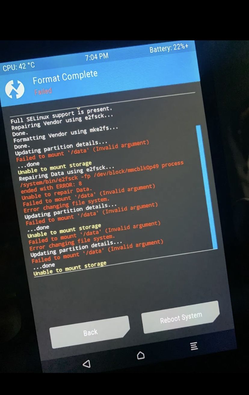 TWRP failing to repair the data partition, e2fsck ending with error 8
